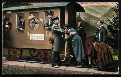 AK Schwarzwälder Eisenbahner am Nichtraucherwaggon