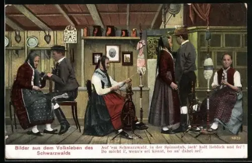 AK Szene in Spinnstub, Schwarzwälder Tracht