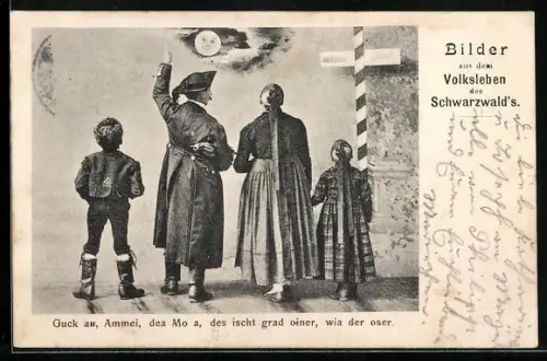 AK Gruppe in Schwarzwälder Tracht betrachtet den Mond