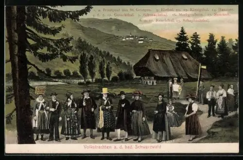 AK Schwarzwälder Tracht, Brautpaar aus St. Georgen, Elzthal. Volkstrachten a. d. Bad. Schwarzwald, Kinzigthal