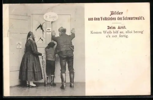 AK Beim Arzt, Mann in Tracht versucht eine Tür zu öffnen