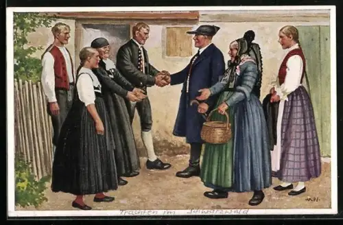 Künstler-AK Schwarzwälder Familien bei der Begrüssung