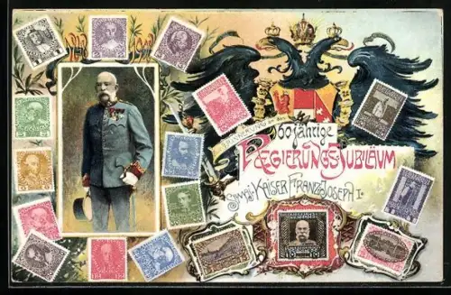 AK Briefmarken zu Kaiser Franz Josef I. von Österreichs 60. Regierungs-Jubiläum 1908, Adler, Wappen