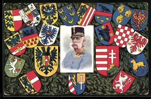 AK Kaiser Franz Josef I. von Österreich mit Wappen Österreichs