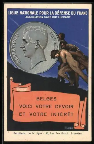 AK Ligue Nationale pour la Defense du Franc, Männer hindern ein Geldstück am Abstürzen