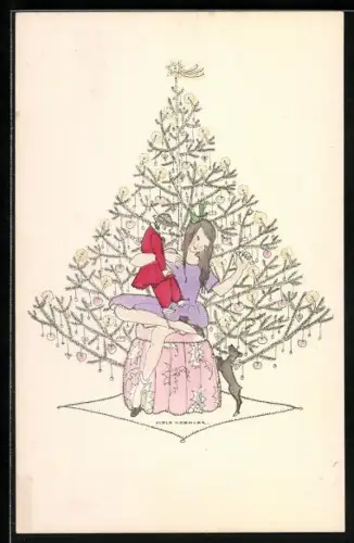 Künstler-AK Mela Köhler: Mädchen mit Puppe vor Weihnachtsbaum