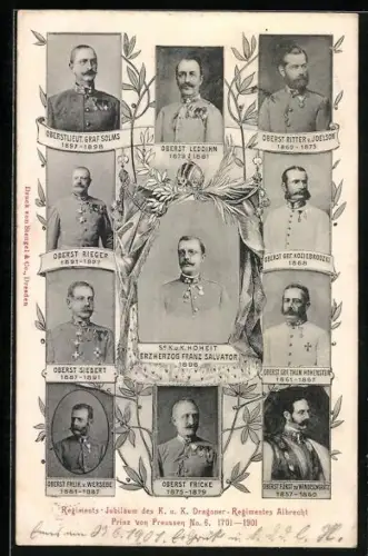 AK Dragoner-Regiment Albrecht Prinz von Preussen No. 6, Erzh. Franz Salvator, Oberst Grf. Koziebrodzki, Oberst Leddihn