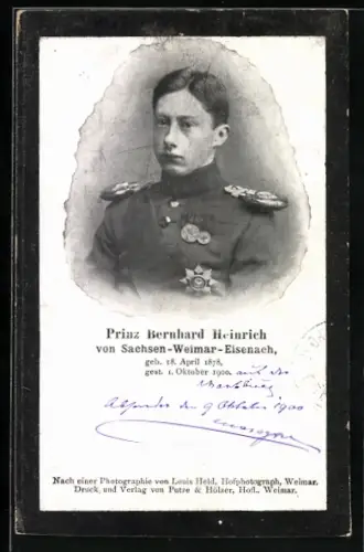 AK Portrait Prinz Bernhard Heinrich von Sachsen-Weimar-Eisenach in Uniform, Gedenkkarte
