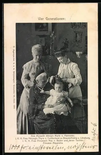 AK Königin Marie v. Hannover mit Herzogin Thyra v. Cumberland und Frau Prinzessin Max v. Baden mit Tochter