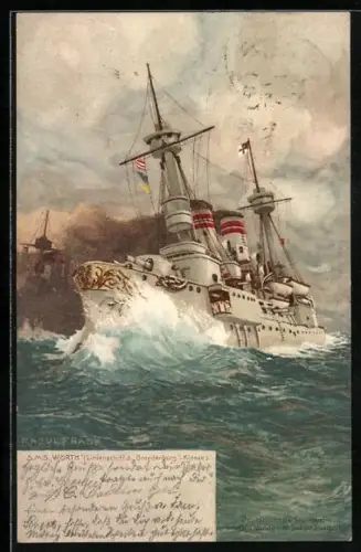 Künstler-AK Raoul Frank: Linienschiff SMS Wörth des Ostasiengeschwaders in stürmischer See