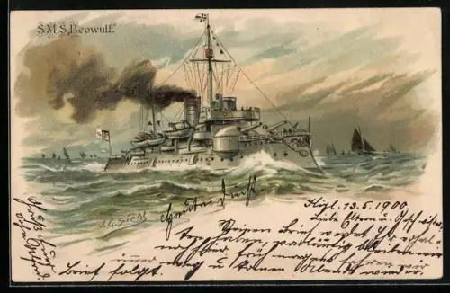 Künstler-AK Johann Georg Siehl-Freystett: Kriegsschiff SMS Beowulf auf hoher See