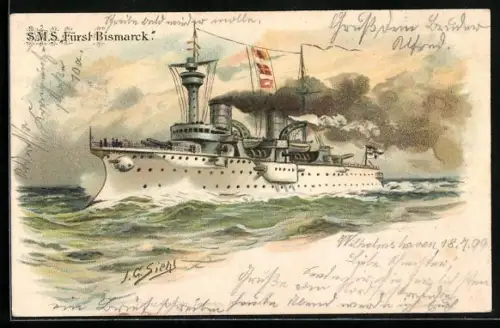Künstler-AK Johann Georg Siehl-Freystett: Kriegsschiff S.M.S. Fürst Bismarck des Ostasiengeschwaders auf hoher See