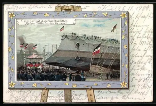 Künstler-AK Willy Stoewer: Stapellauf des Kriegsschiffes Kaiser Wilhelm der Grosse, Leinwand-Passepartout