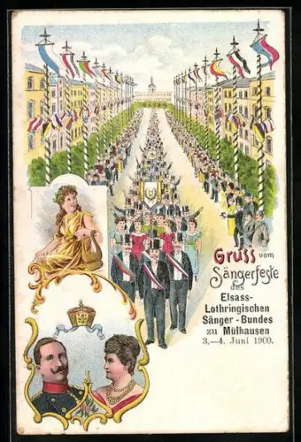 Lithographie Mülhausen, Sängerfest des Elsass-Lothringischen Sänger-Bundes 1900, Festumzug