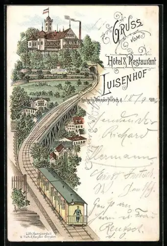 Lithographie Dresden-Loschwitz-Weisser Hirsch, Hôtel & Restaurant Luisenhof und Bahn