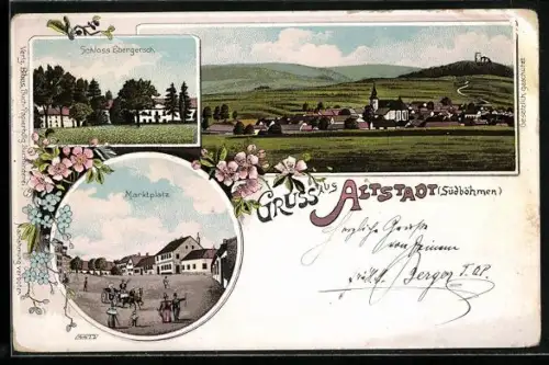 Lithographie Altstadt /Südböhmen, Schloss Ebergersch, Marktplatz