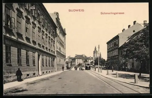 AK Budweis, Strassenbahn in der Schmerlingstrasse
