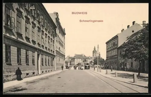 AK Budweis, Schmerlingstrasse mit Strassenbahn