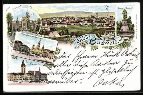 Lithographie Budweis, Ringplatz mit Domkirche, Rathaus, Schloss Frauenberg, Lanna Denkmal