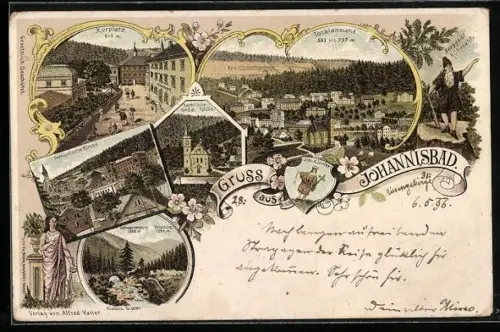 Lithographie Johannisbad, Kurplatz, Totalansicht, Ev. Kirche