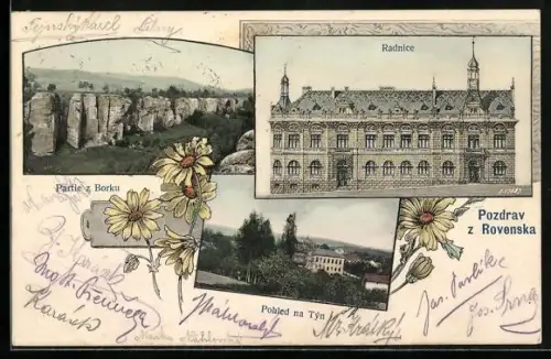 AK Rovensko, Radnice, Partie z Borku, Pohled na Tyn