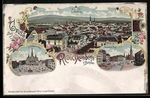 Lithographie Reichenberg / Liberec, Altstädter-Platz, Neustädter-Platz, Celkový pohled