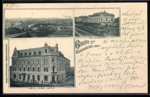 AK Oderberg, Hotel Garni Lustig, Bahnhof