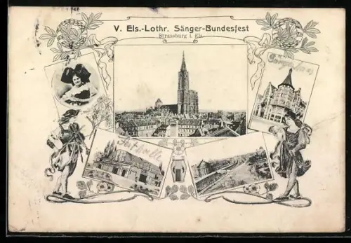 AK Strassburg i. Els., V. Els.-Lothr. Sänger-Bundesfest, Ortsansicht aus der Vogelschau, Kirche