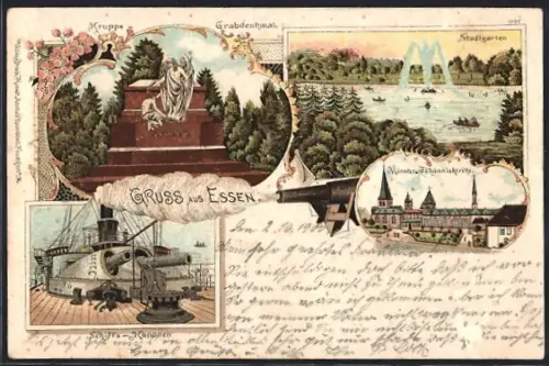 Lithographie Essen, Krupps Grabdenkmal, Stadtgarten, Schiffskanonen, Münster Johanneskirche
