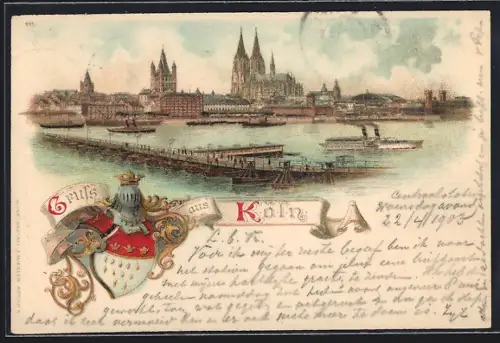 Lithographie Köln, Rheinpartie mit Dom, Dampfer