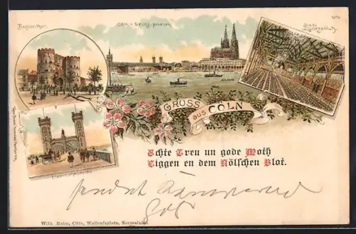Lithographie Köln, Eisenbahnbrücke, Hahnentor und Saal im Gürzenich