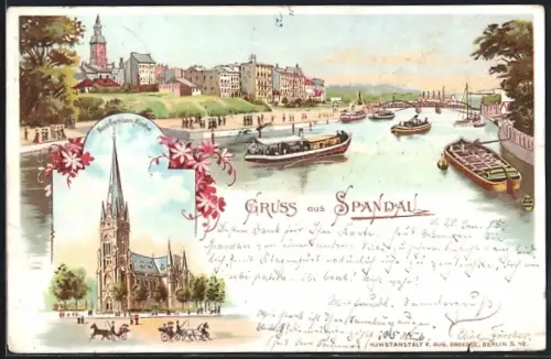 Lithographie Berlin-Spandau, Neue Garnison-Kirche, Dampdfer passiert den Ort, Pferdekutsche