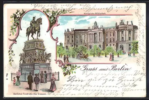 Lithographie Berlin, Königliche Bibliothek, Denkmal Friedrich des Grossen