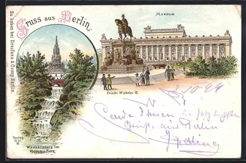 Lithographie Berlin-Kreuzberg, Wassersturz im Victoria-Park, Museum mit Denkmal Friedr. Wilhelm III.