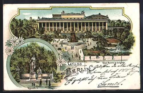 Lithographie Berlin, Königliches Museum im Lustgarten, Statuen-Gruppe