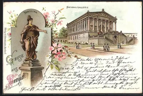 Lithographie Berlin, Nationalgalerie und Berolina-Denkmal
