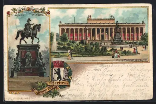 Lithographie Berlin, Reiter-Denkmal Friedrich Wilhelm III., Königliches Museum und Lustgarten