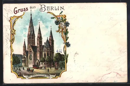 Lithographie Berlin-Charlottenburg, Blick auf Kaiser-Wilhelm-Gedächniskirche