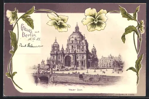 Lithographie Berlin, Neuer Dom im Rahmen mit Blumen