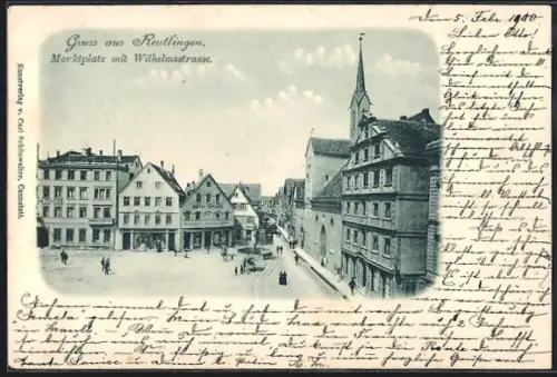 AK Reutlingen, Marktplatz und Wilhelmsstrasse mit Geschäften
