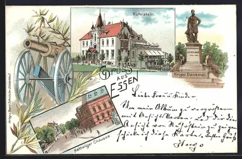Lithographie Essen, Ruhrstein, Krupp-Denkmal, Kettwiger Chaussee