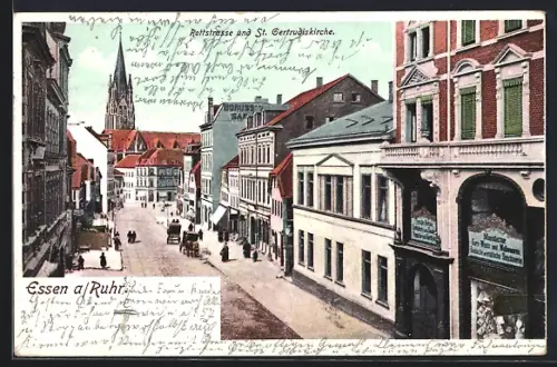 AK Essen /Ruhr, Rottstrasse und St. Gertrudiskirche aus der Vogelschau, mit Manufactur-Geschäft