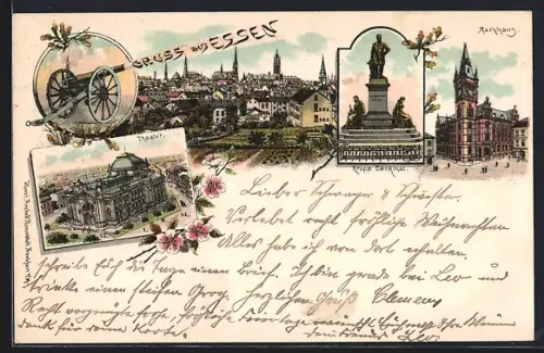 Lithographie Essen, Theater, Rathaus, Krupp Denkmal