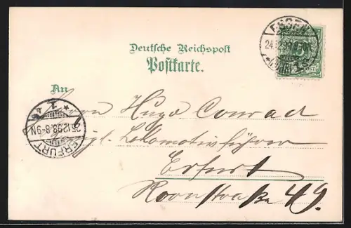 Lithographie Essen, Theater, Rathaus, Krupp Denkmal