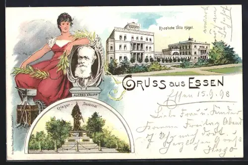 Lithographie Essen, Krupp`sche Villa Hütel, Krieger-Denkmal, Büste von Alfred Krupp