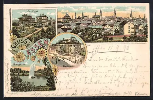 Lithographie Essen, Villa Hügel, Stadtgarten, Stadttheater, Gesamtansicht um 1900