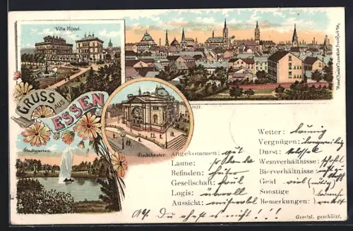 Lithographie Essen, Villa Hügel, Stadtgarten, Stadttheater