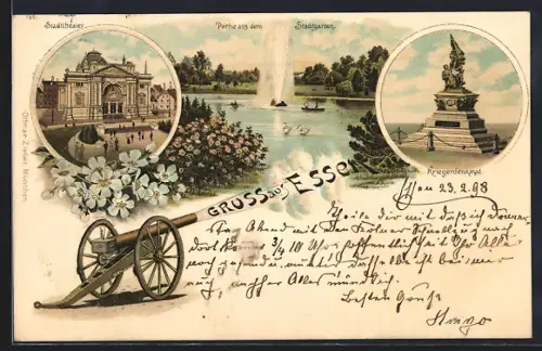 Lithographie Essen / Ruhr, Stadttheater, Kriegerdenkmal, Fontäne im Stadtgarten