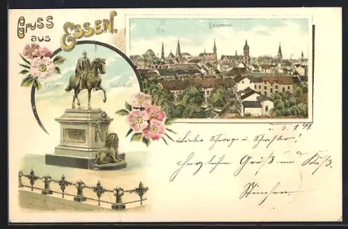 Lithographie Essen /Ruhr, Panorama, Kaiser-Denkmal