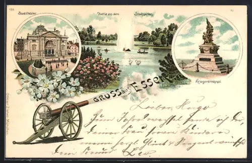 Lithographie Essen / Ruhr, Stadttheater, Kriegerdenkmal, Fontäne im Stadtgarten